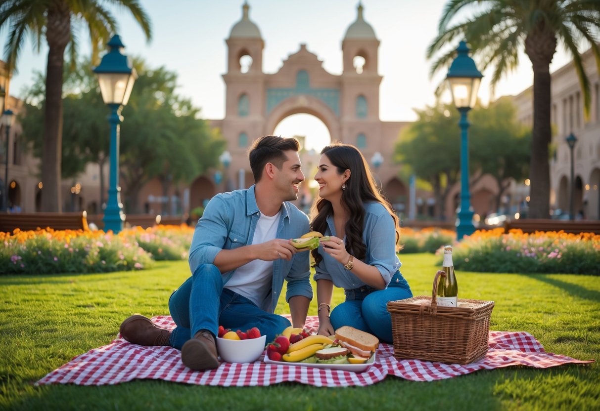 A young couple having a picnic on a blanket in a green park with flowers, trees, and historic buildings in the background.