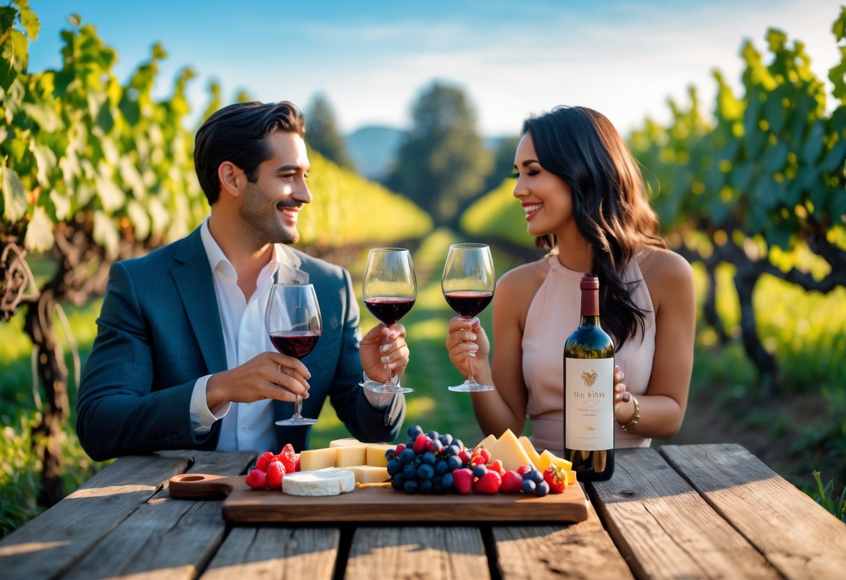 A couple enjoying wine tasting outdoors at a vineyard with wine glasses, bottles, and a cheese board on a wooden table surrounded by grapevines.