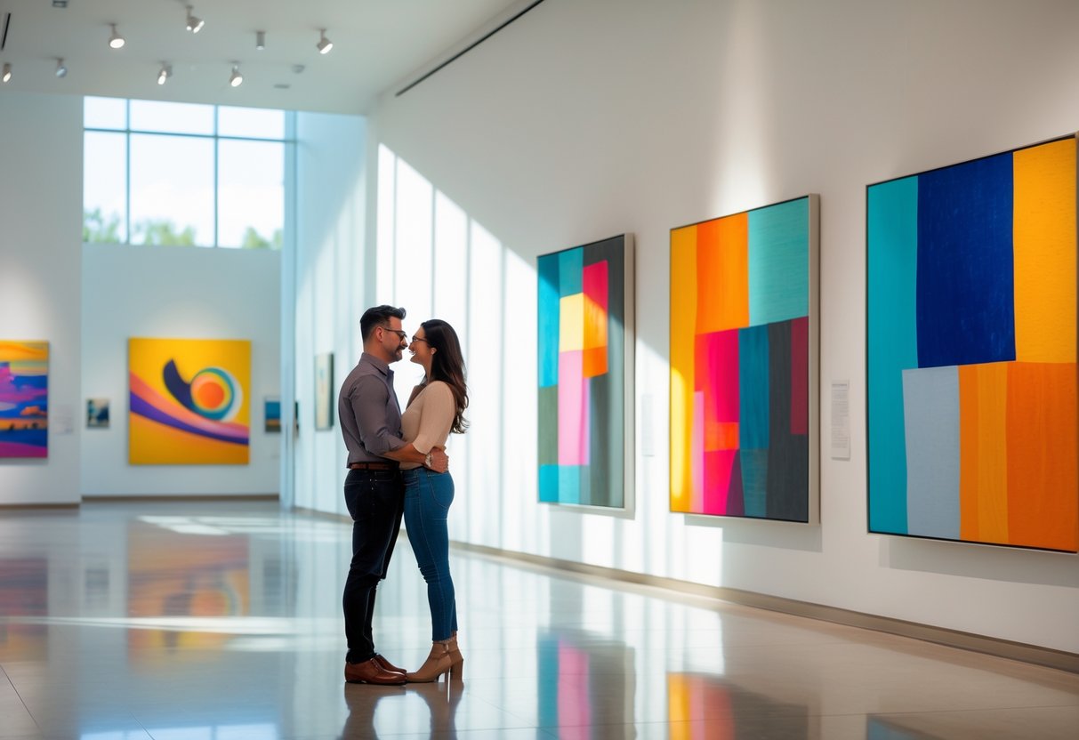 A couple admiring paintings inside a bright art museum gallery.