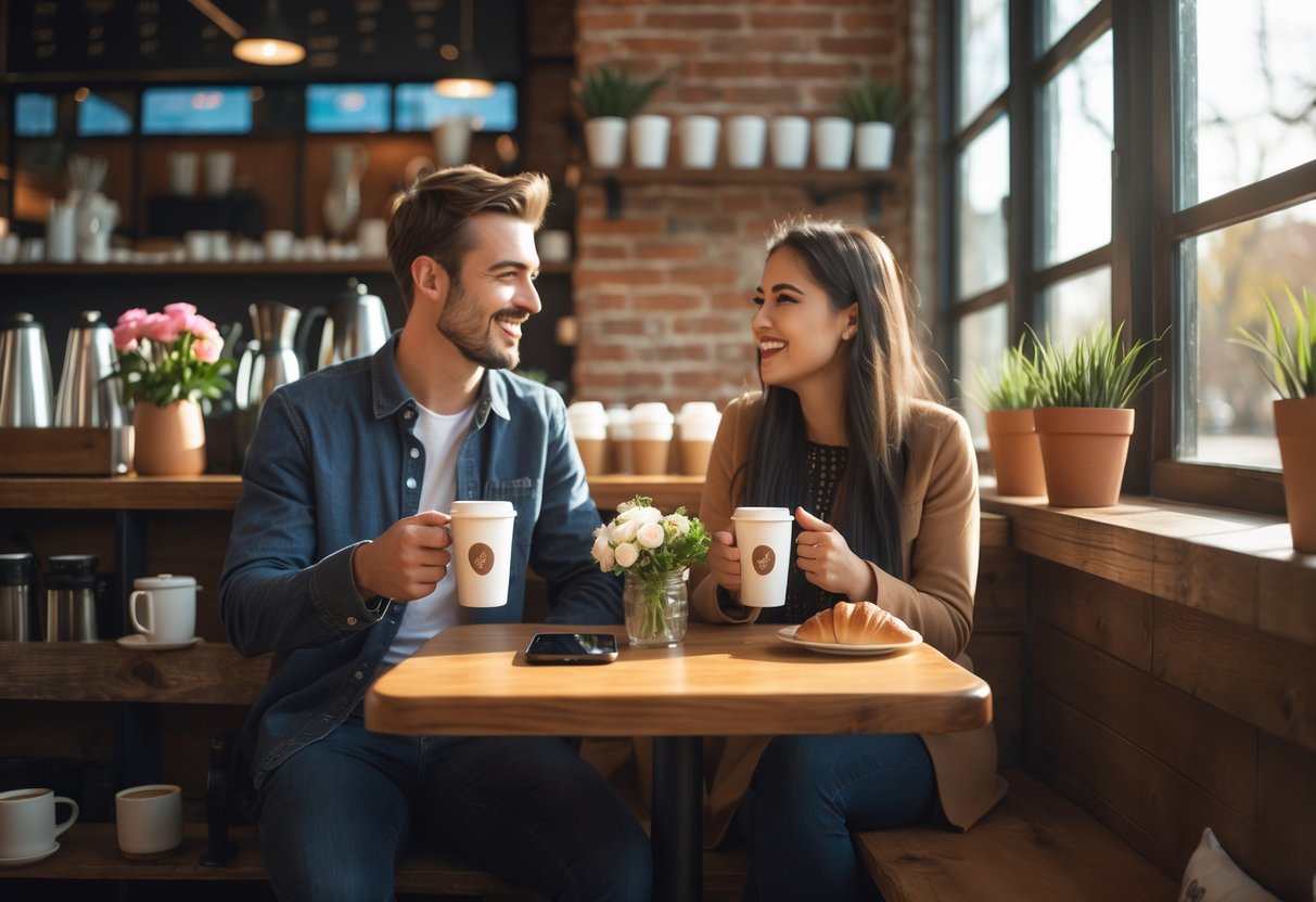 A young couple enjoying coffee together at a cozy cafe table with sunlight coming through a window.