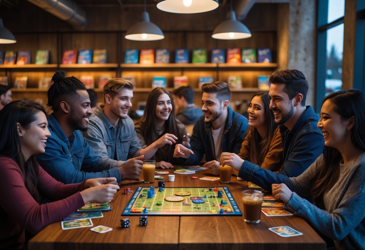 A group of people playing board games together at a cozy cafe table, smiling and enjoying their time.