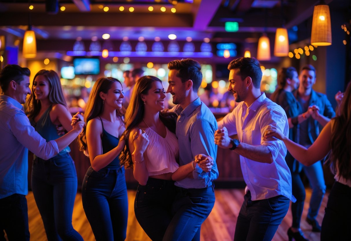 People dancing and enjoying a lively evening at a bar and grill.