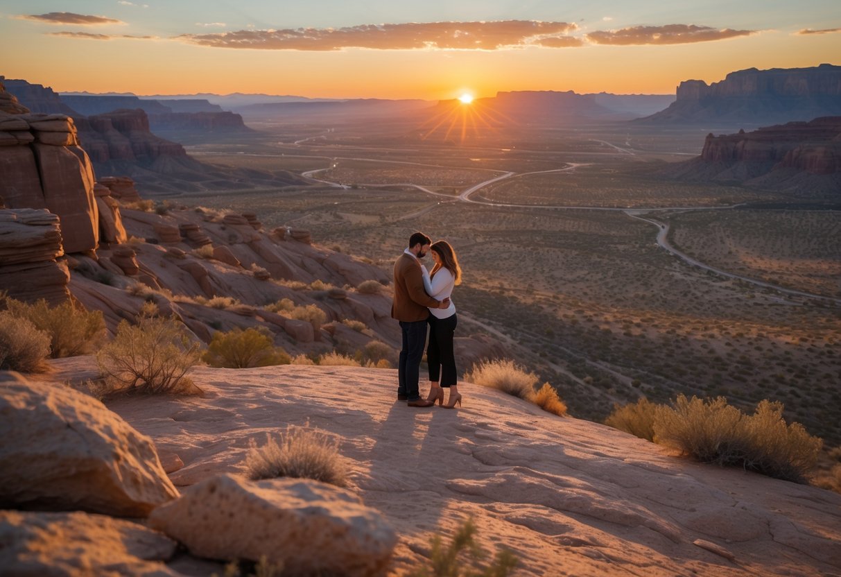 A couple enjoying a sunset view over a desert landscape with rocky formations at Scenic Drive Overlook in El Paso.
