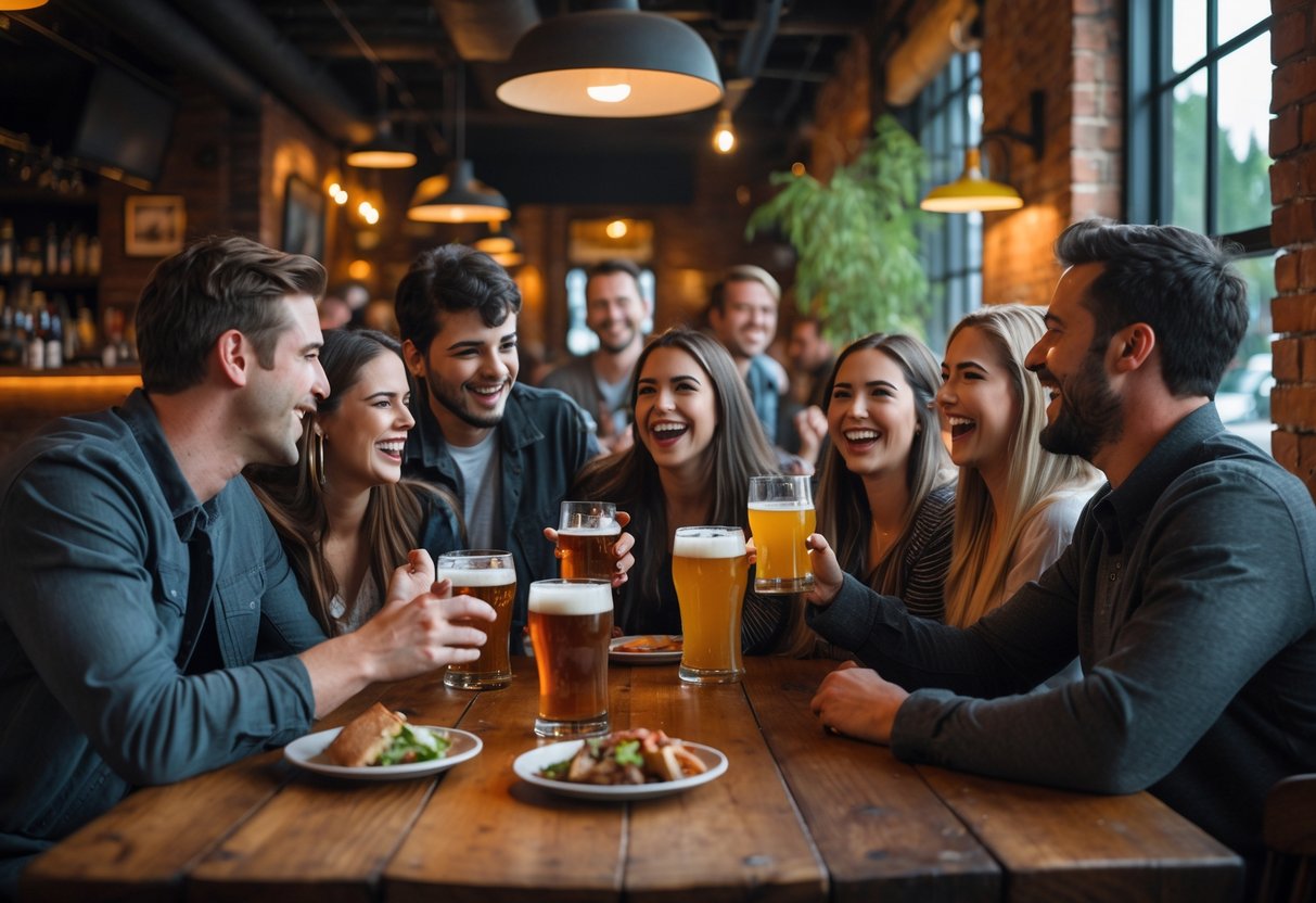 People enjoying casual drinks and conversation at a cozy pub table.