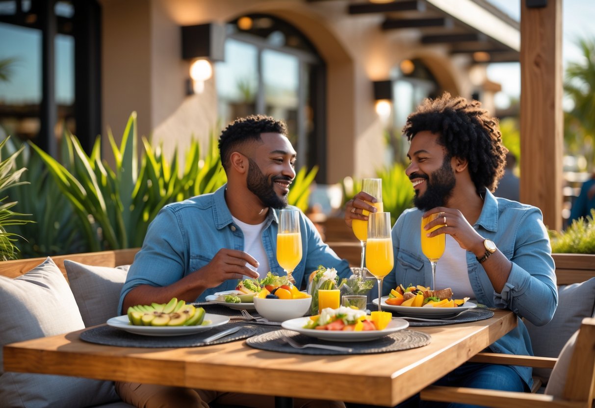 A couple enjoying brunch together at an outdoor restaurant patio with food and drinks on the table.