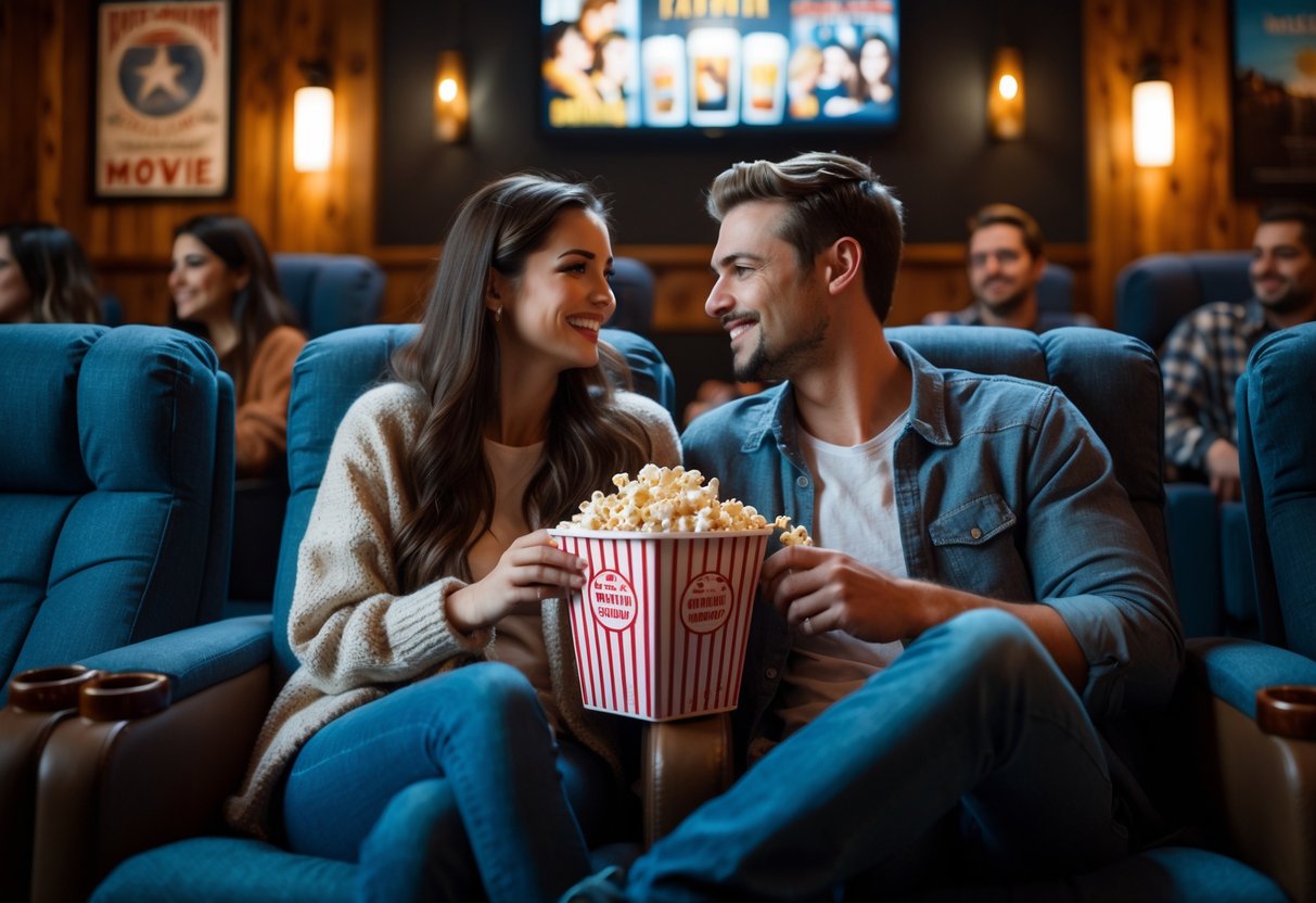 A young couple enjoying a movie night together in a cozy theater with popcorn.