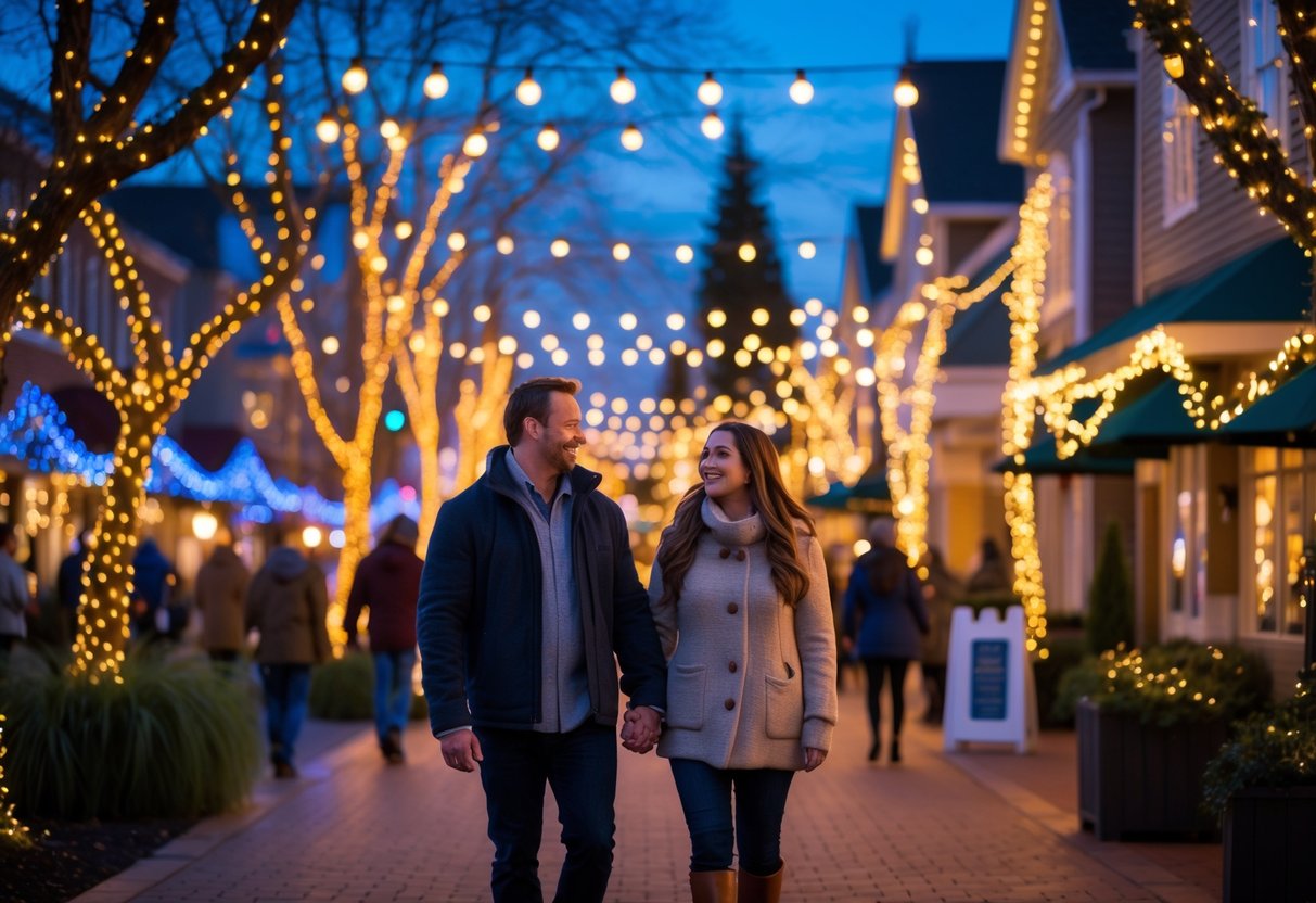 A couple walking hand-in-hand through a brightly lit outdoor festival with colorful holiday lights and decorations at dusk.