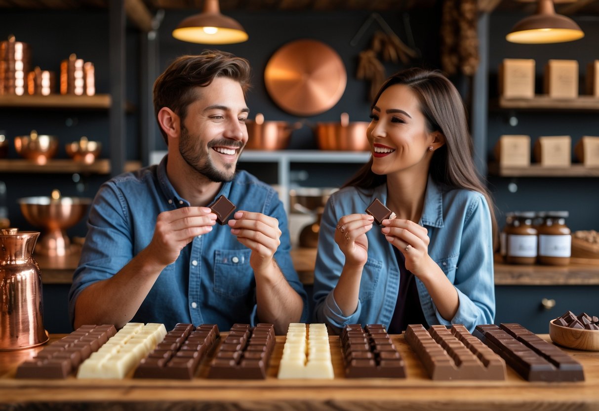 A couple tasting chocolates together inside a local chocolate factory, surrounded by chocolate varieties and factory equipment.