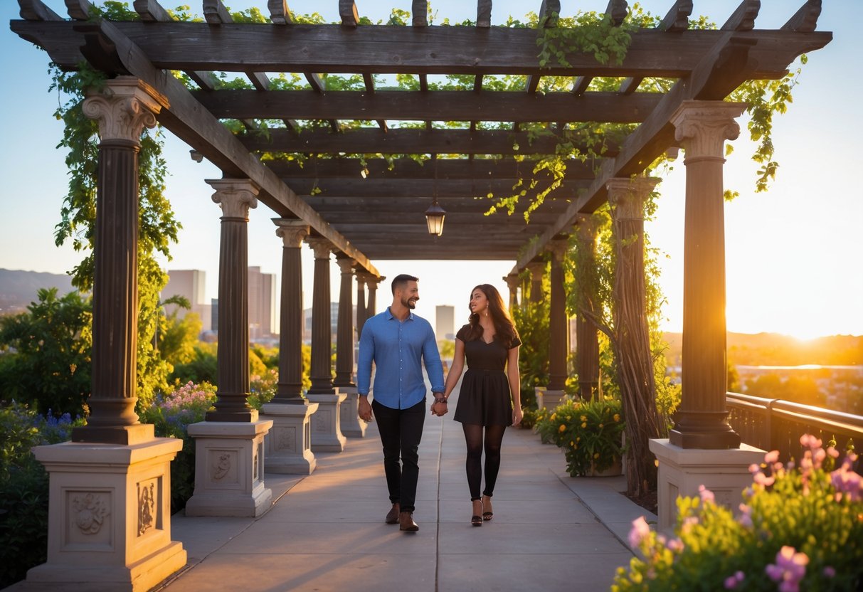 A couple walking hand in hand under a wooden pergola surrounded by greenery and flowers.