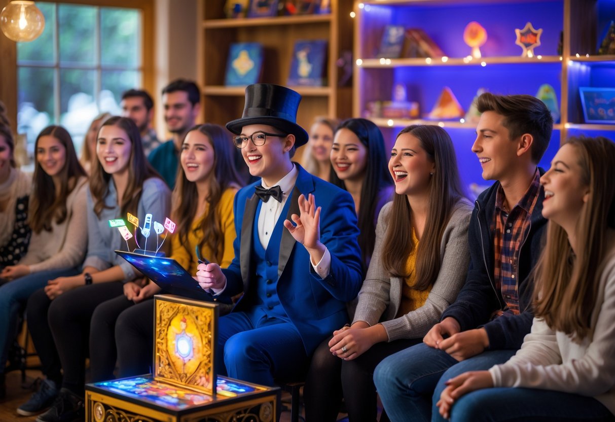 A group of young people watching a magician perform a magic trick indoors, looking excited and engaged.