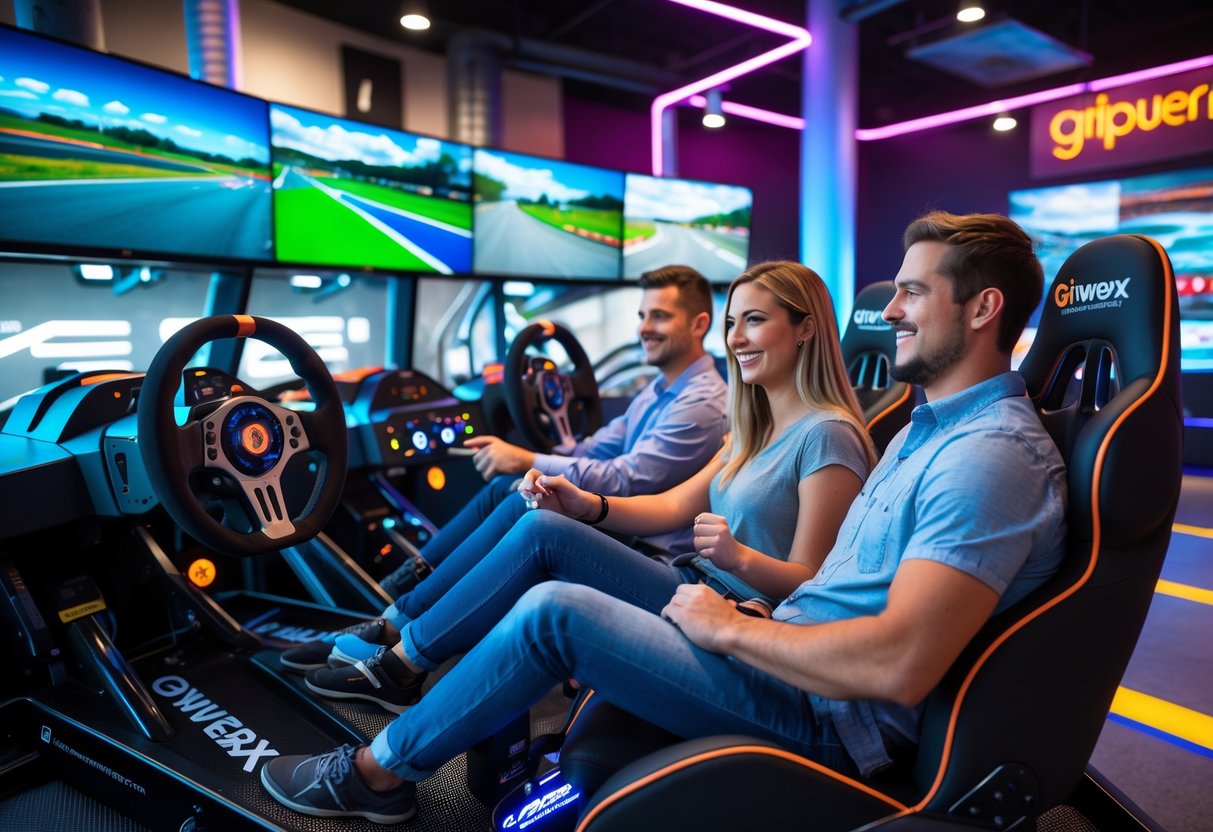 A young couple enjoying a racing simulation experience together at an indoor racing center with advanced simulators and large screens.