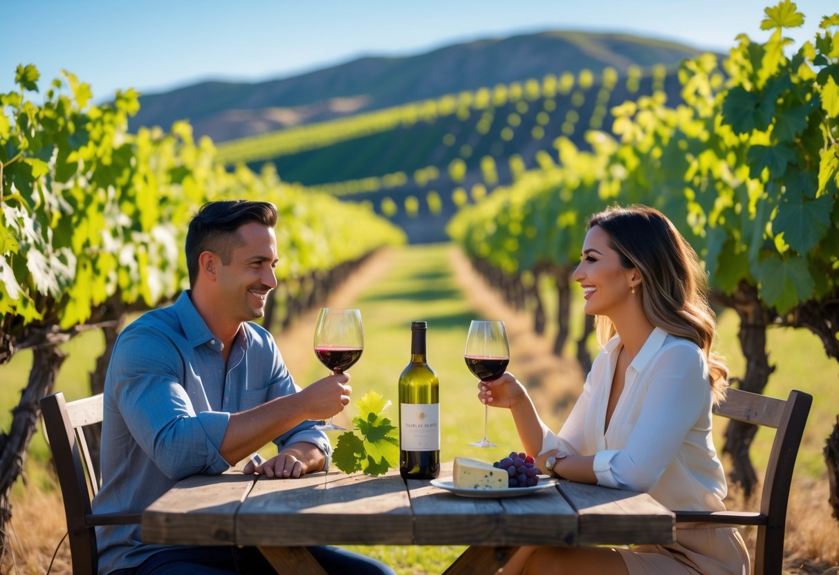 A couple enjoying a wine tasting outdoors at a vineyard with grapevines and hills in the background.