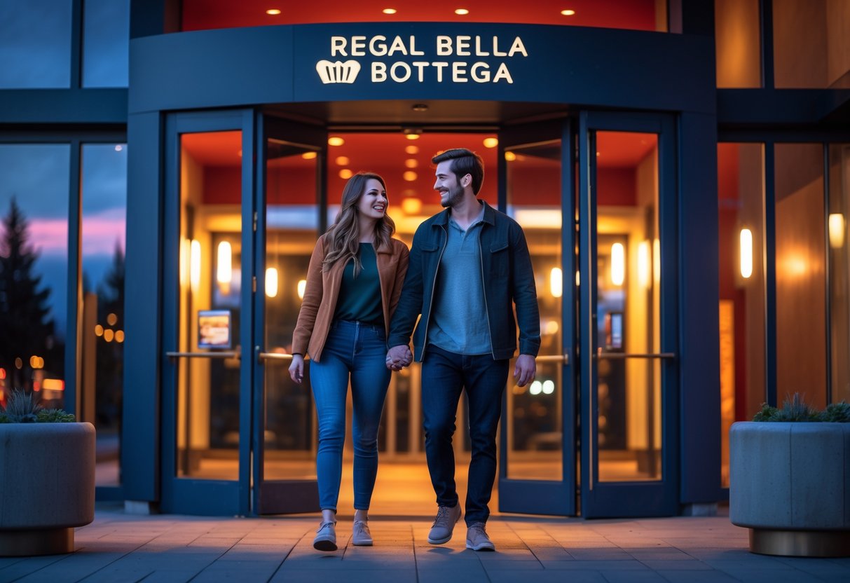 A young couple holding hands and smiling as they enter a modern movie theater at dusk.