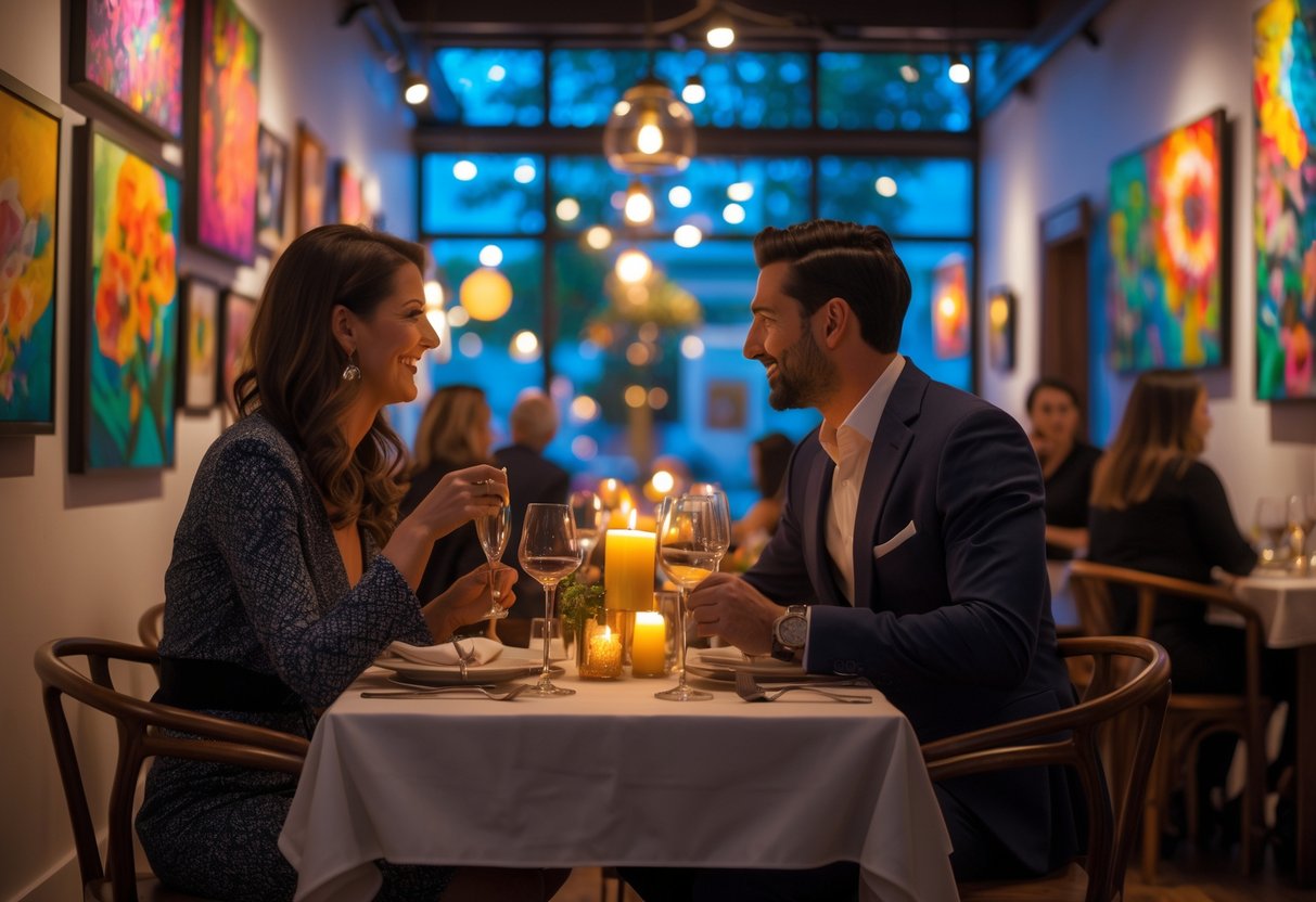 A couple enjoying a romantic dinner surrounded by colorful paintings in an art gallery and dining venue.
