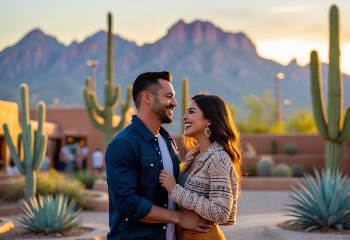 A couple enjoying a romantic outdoor date with mountains and desert plants in the background.