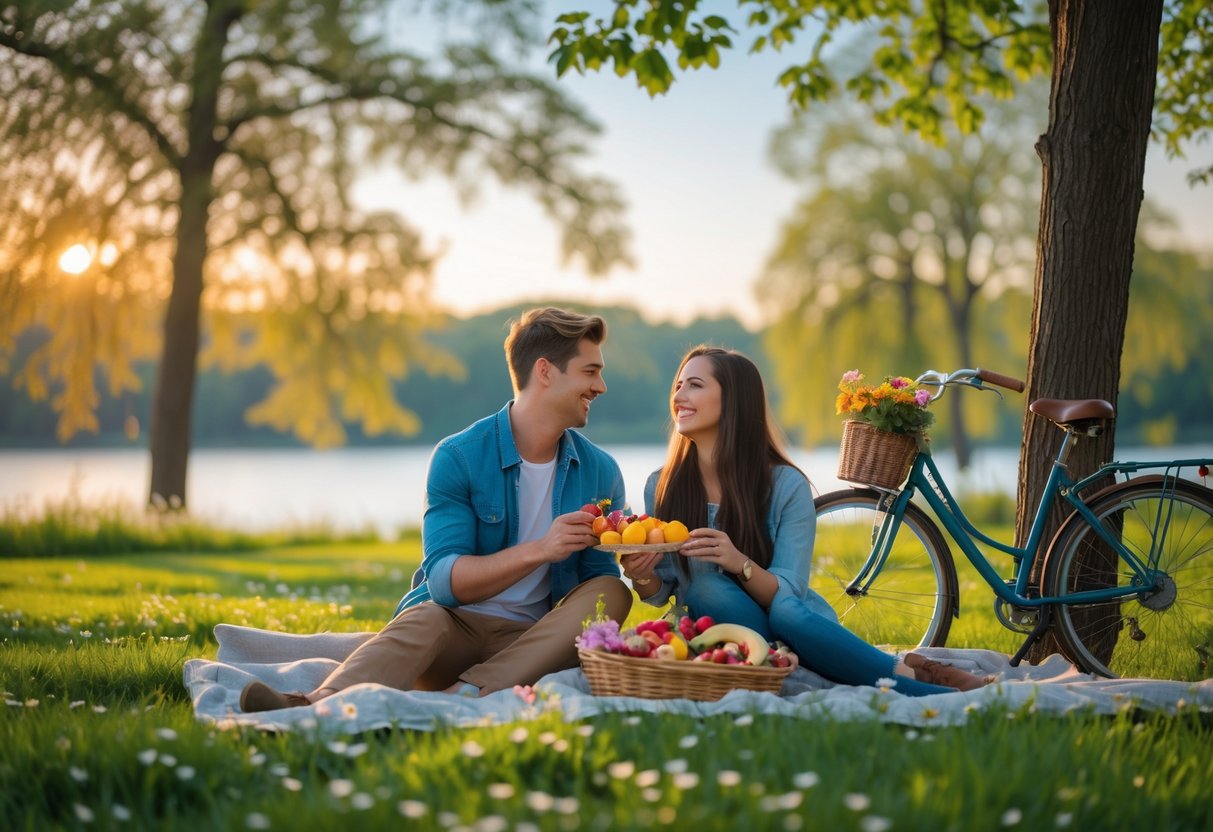 A young couple enjoying a picnic together on a blanket in a sunny park surrounded by trees and flowers.