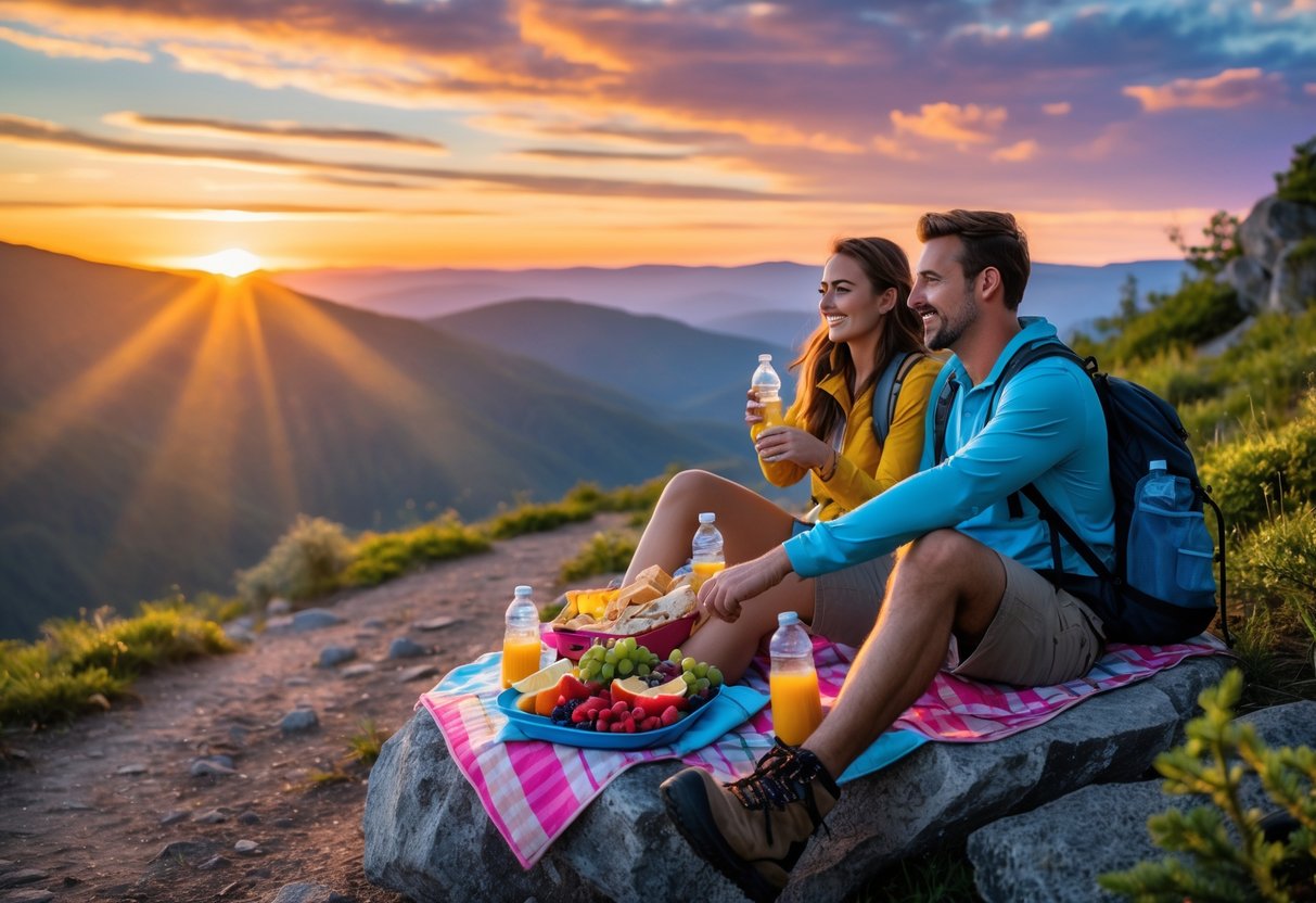 A couple sitting on a rock during a sunset hike, sharing snacks on a trail surrounded by trees and hills.