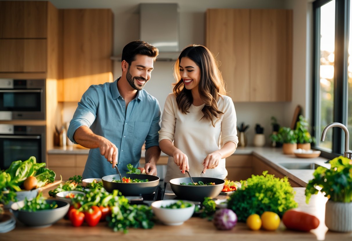 A couple cooking together in a modern kitchen, smiling and preparing food side by side.