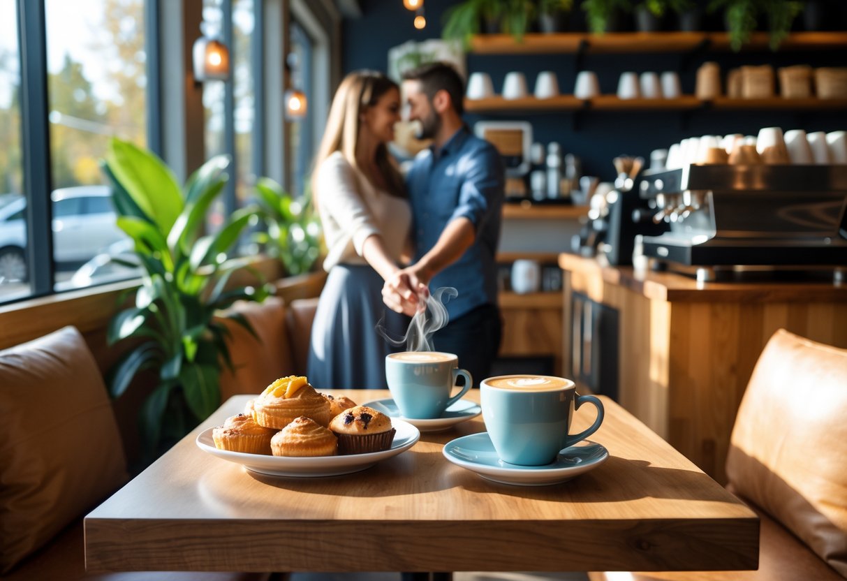 Cozy coffee shop table with coffee cups and pastries, a couple's hands reaching across the table, and a barista preparing coffee in the background.