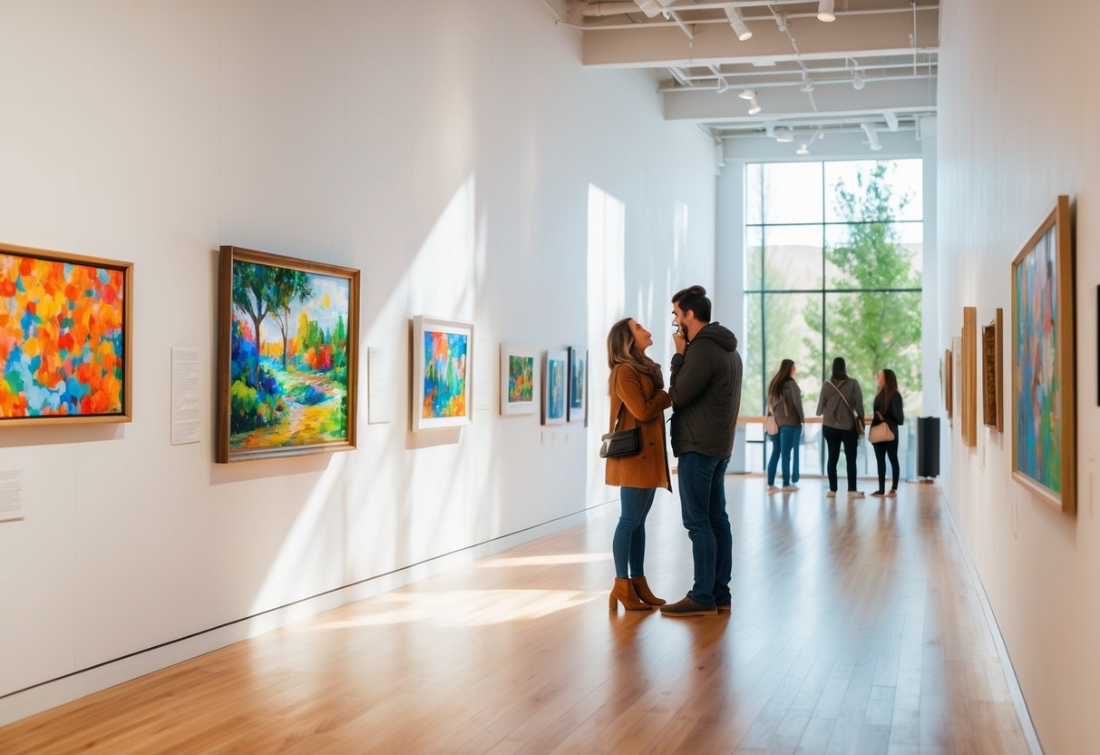 A young couple browsing local art displayed in a bright museum gallery with large windows and wooden floors.