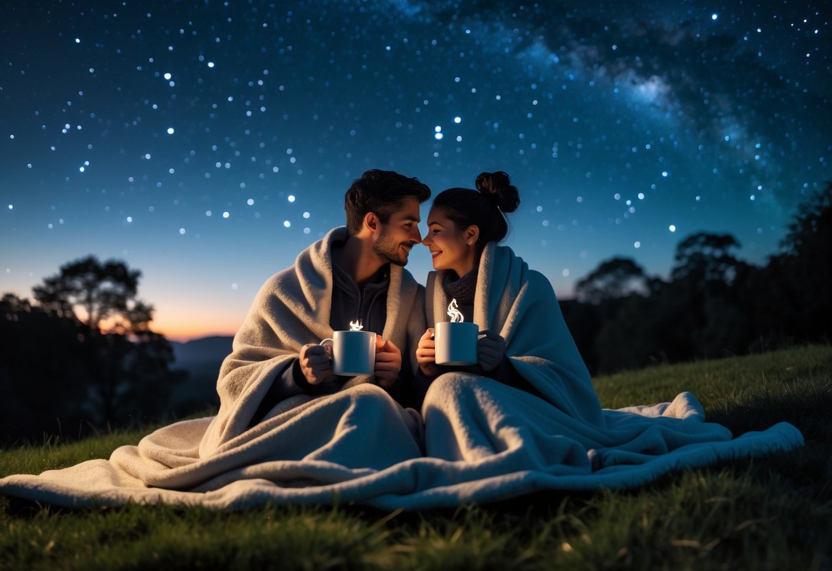 A couple sitting on a blanket outdoors at night, holding hot drinks and looking at the starry sky.
