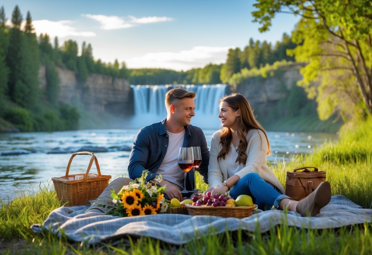 A young couple having a picnic near a waterfall in Idaho Falls surrounded by trees and sunlight.