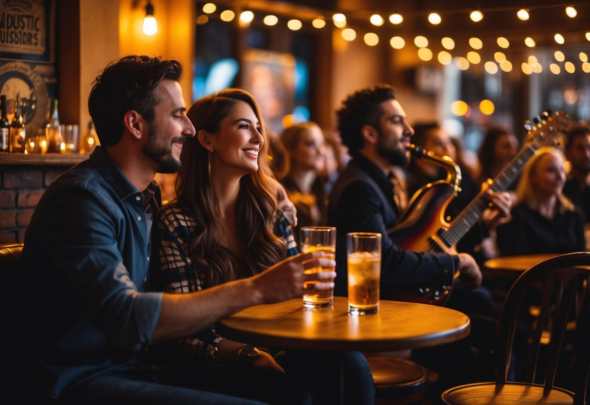 A couple sitting at a small table enjoying a live jazz or acoustic concert in a cozy indoor venue.
