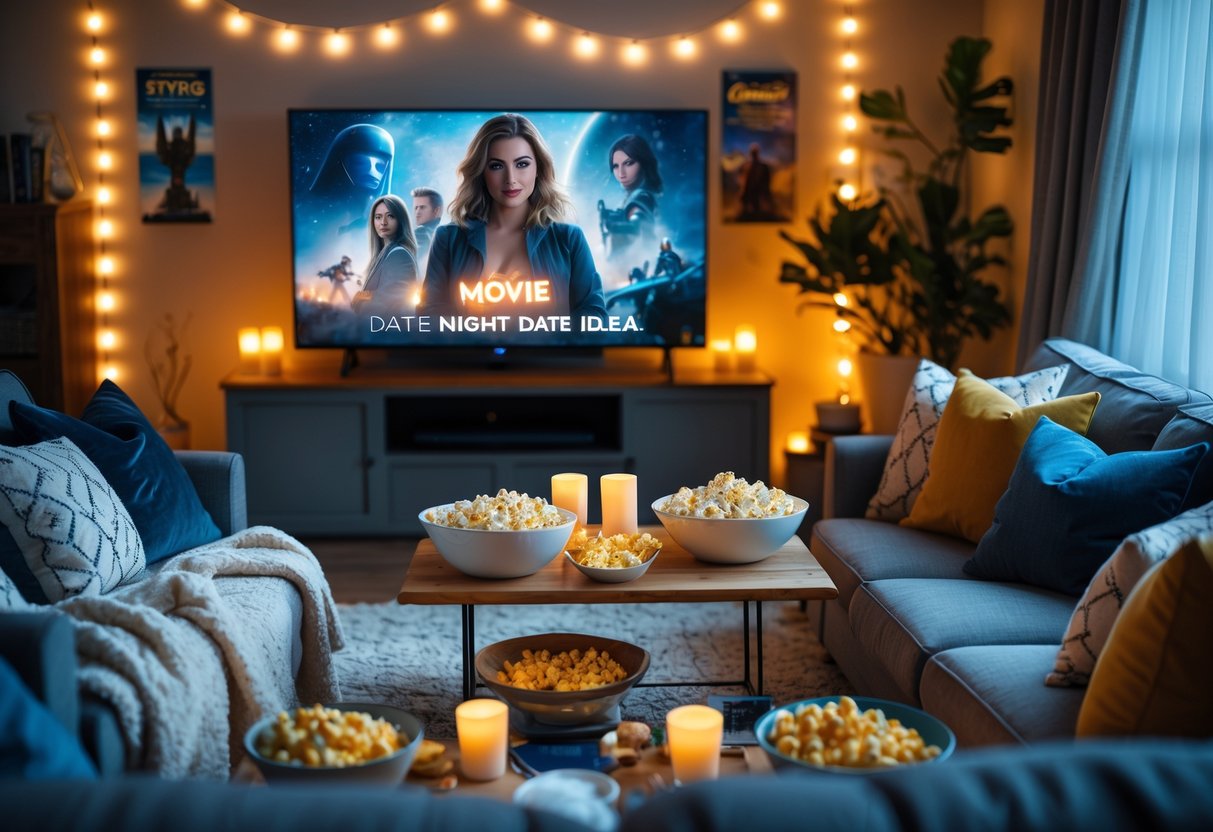 A cozy living room set up for a themed movie night with a sofa, snacks, and a large TV.