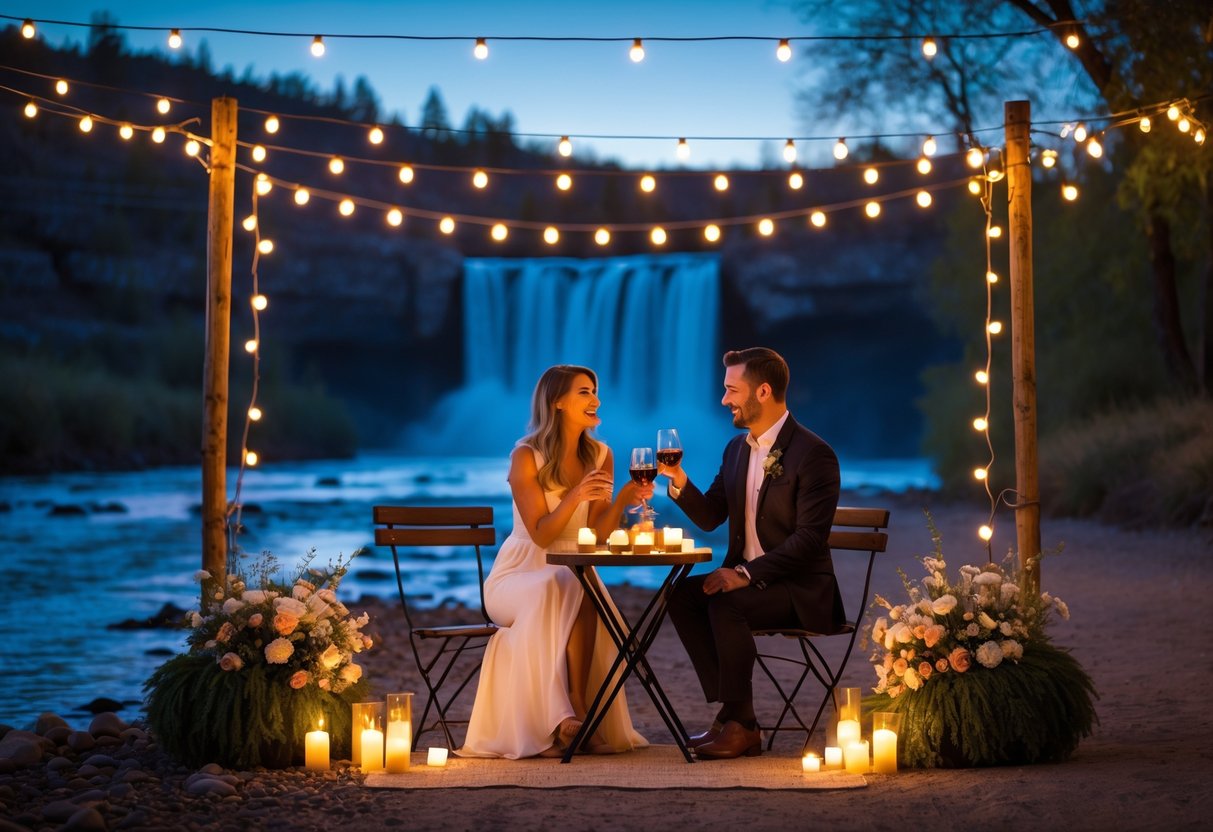 A couple enjoying a romantic outdoor dinner near a river with a waterfall in the background at night.