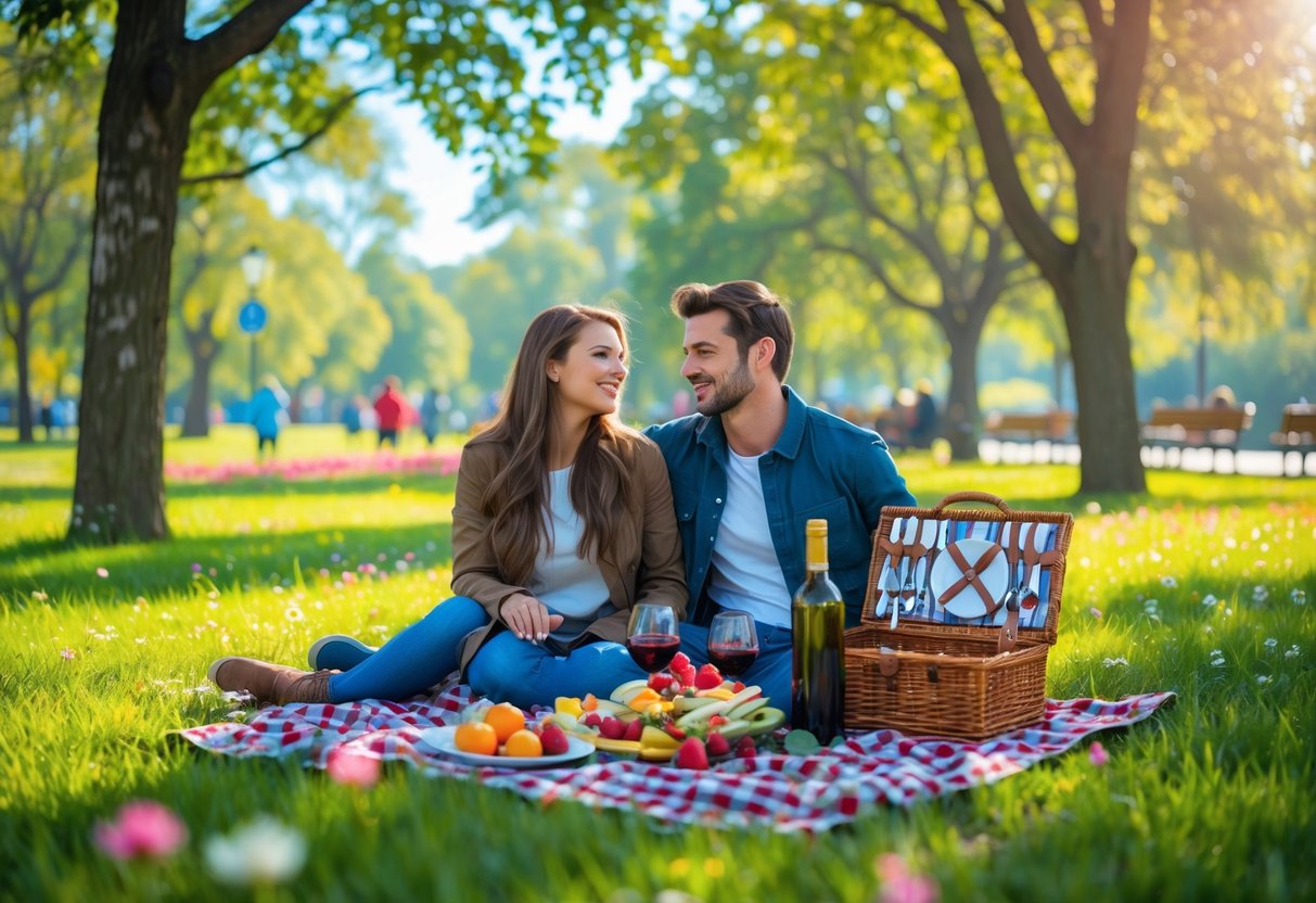 A young couple having a picnic together on a blanket in a green park surrounded by trees and flowers.