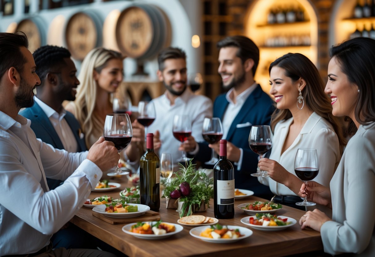A group of adults tasting wine and enjoying conversation around a table with wine glasses and appetizers.
