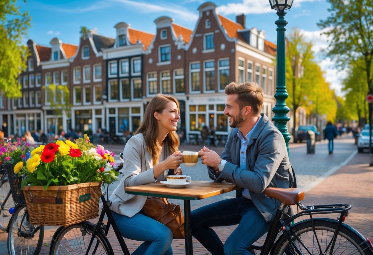 A young couple enjoying coffee together at an outdoor café in a sunny street in Enschede with bicycles and brick buildings nearby.