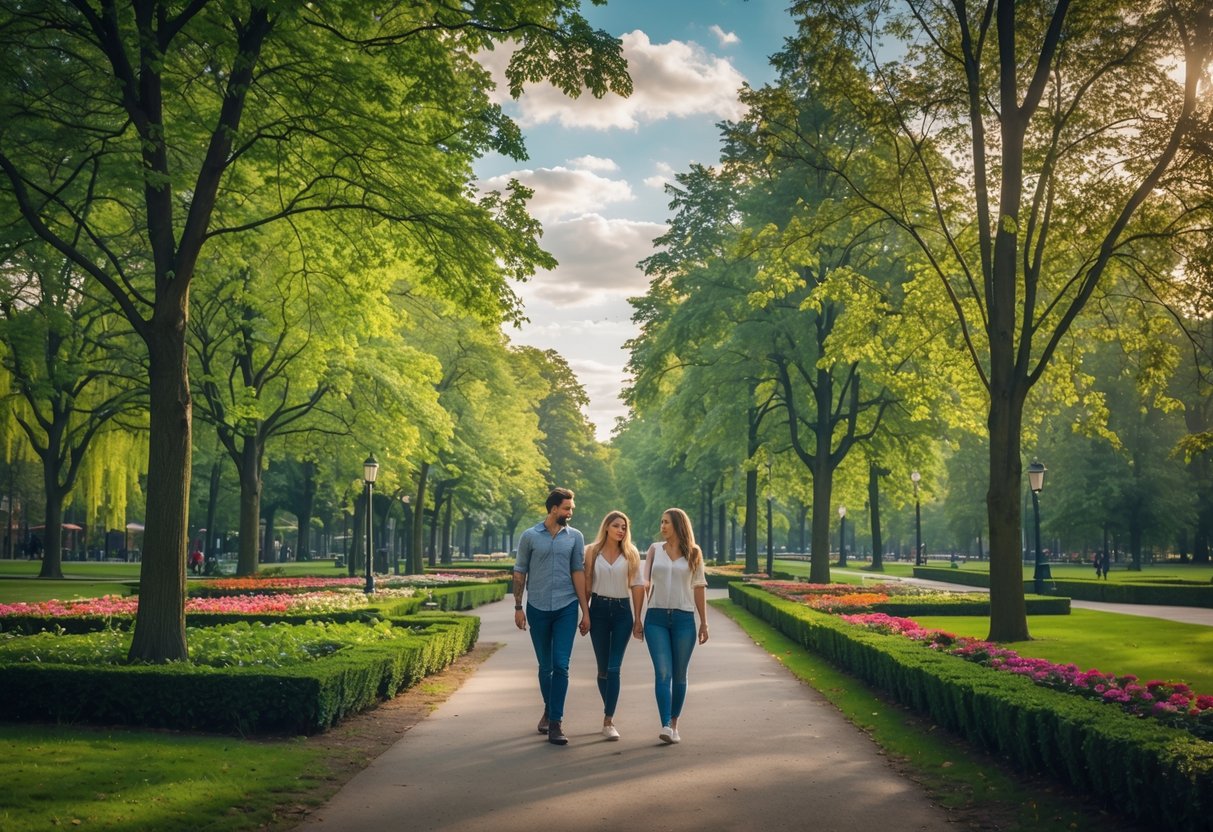 A young couple walking along a tree-lined path in a green park with flowers and clear sky.