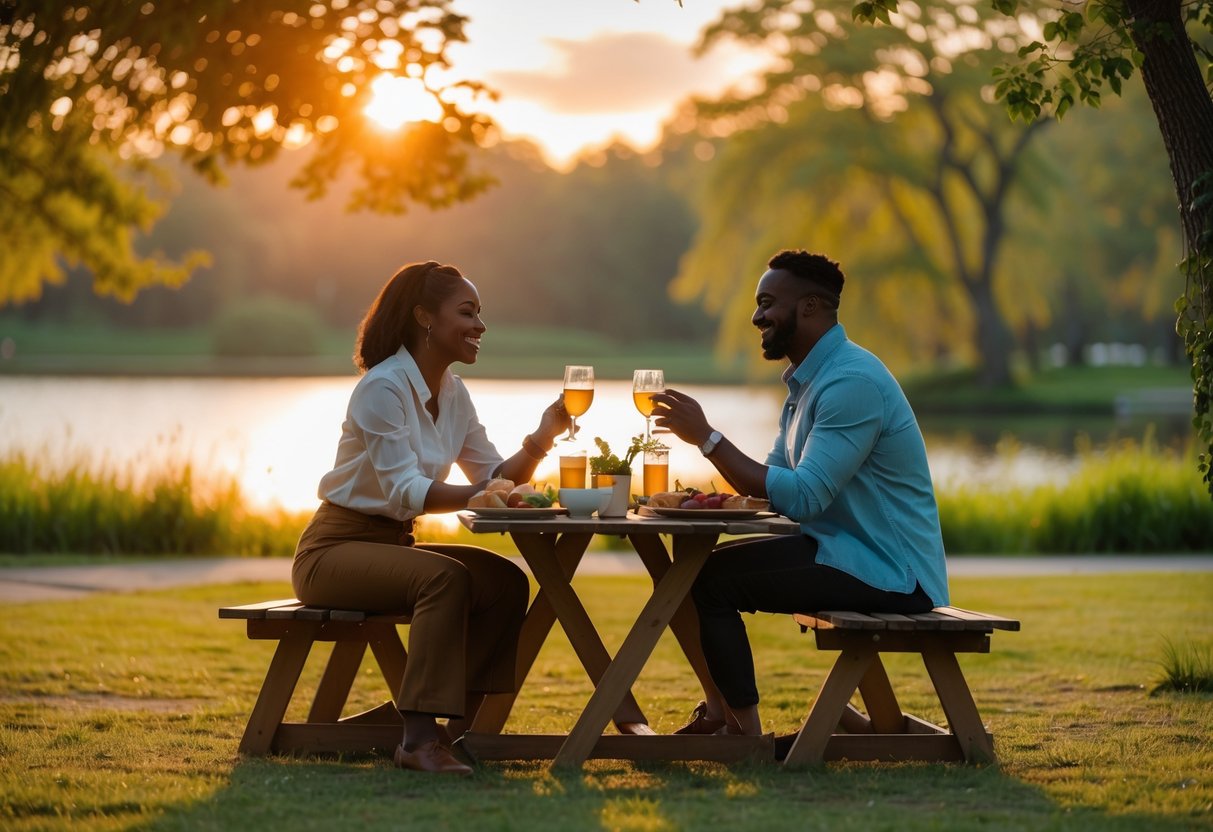 A couple sitting at a picnic table outdoors, smiling and enjoying a romantic date at sunset by a lake.