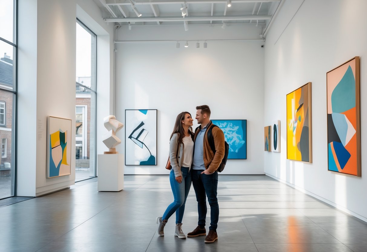 A young couple admiring modern art in a bright, spacious museum gallery.