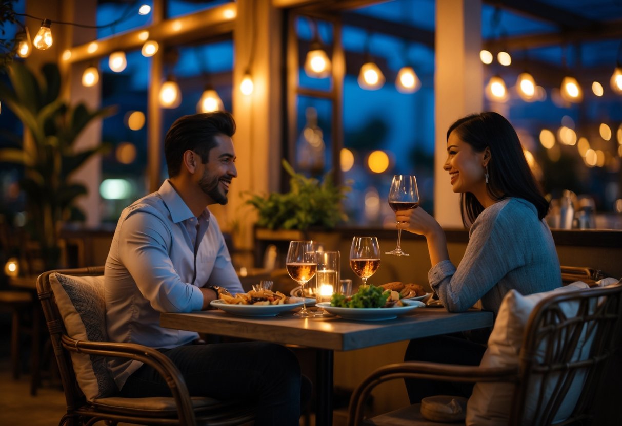 A couple enjoying dinner and drinks together at a small table inside a cozy cafe.