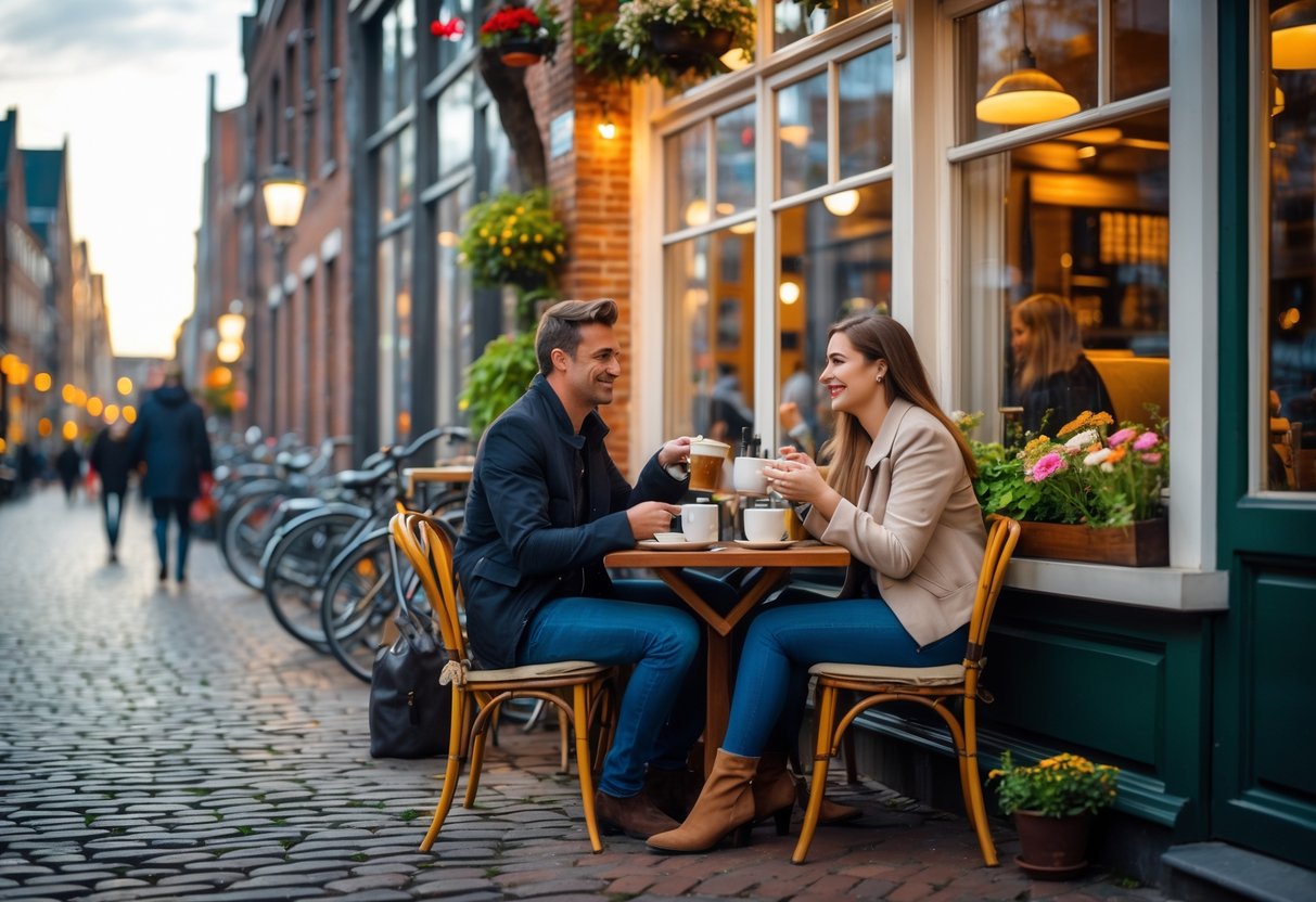 A young couple enjoying coffee at an outdoor café table in a city street with people walking and bicycles nearby.