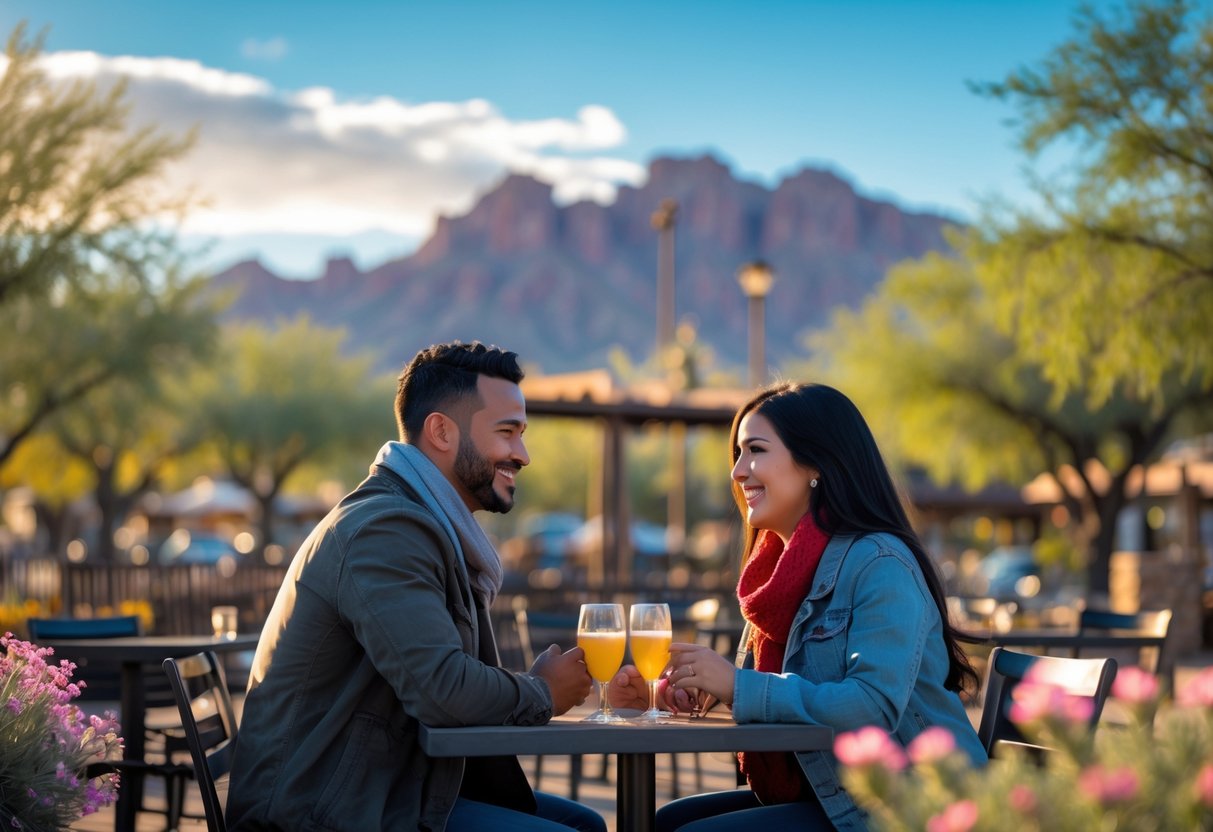 A couple enjoying a romantic outdoor date in El Paso with mountains and desert flowers in the background during a sunny late afternoon.