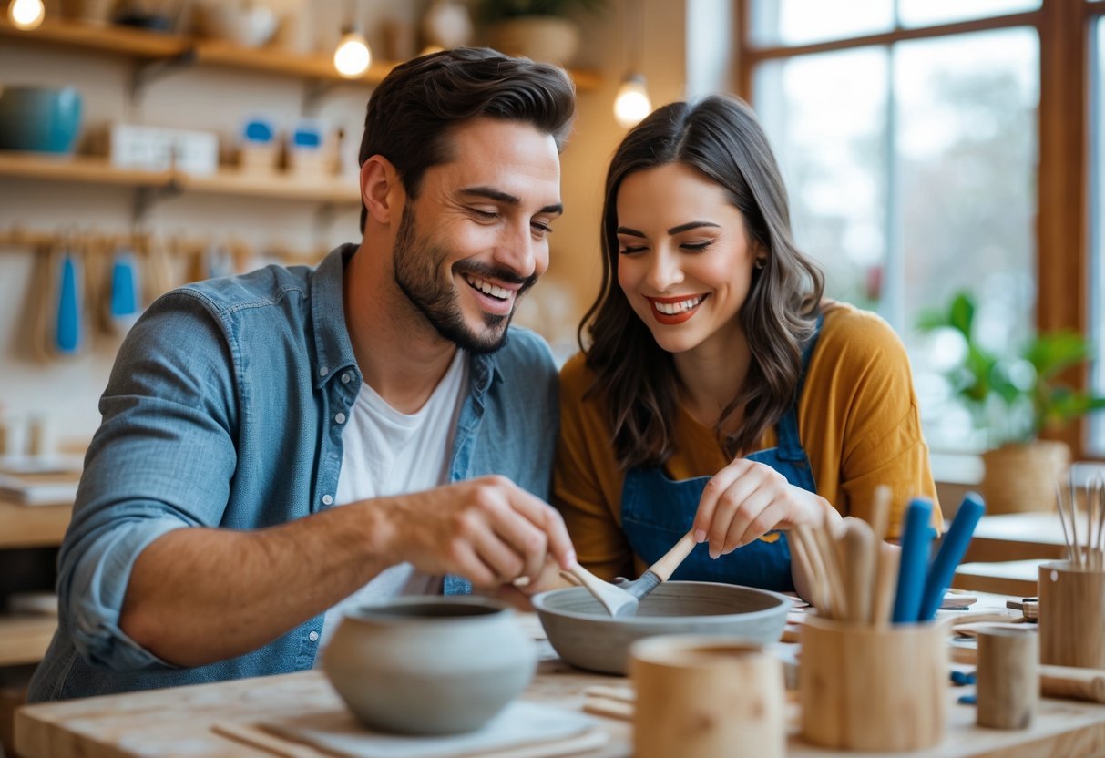 A couple happily participating in a creative workshop together in a cozy studio.