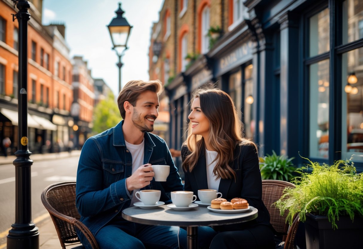 A young couple enjoying coffee together at an outdoor café in a lively street in Holborn, London.