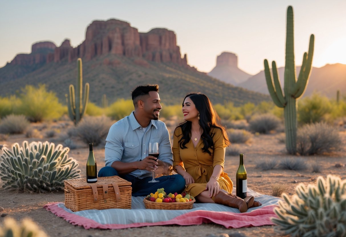 A couple enjoying a picnic together outdoors with mountains and desert plants in the background during sunset.