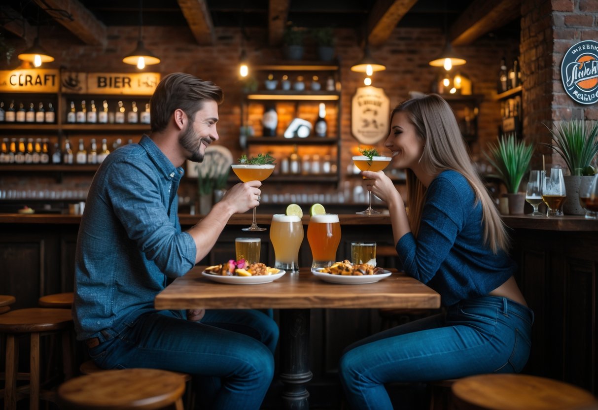 A young couple enjoying drinks together at a cozy, warmly lit hidden bar with rustic decor.