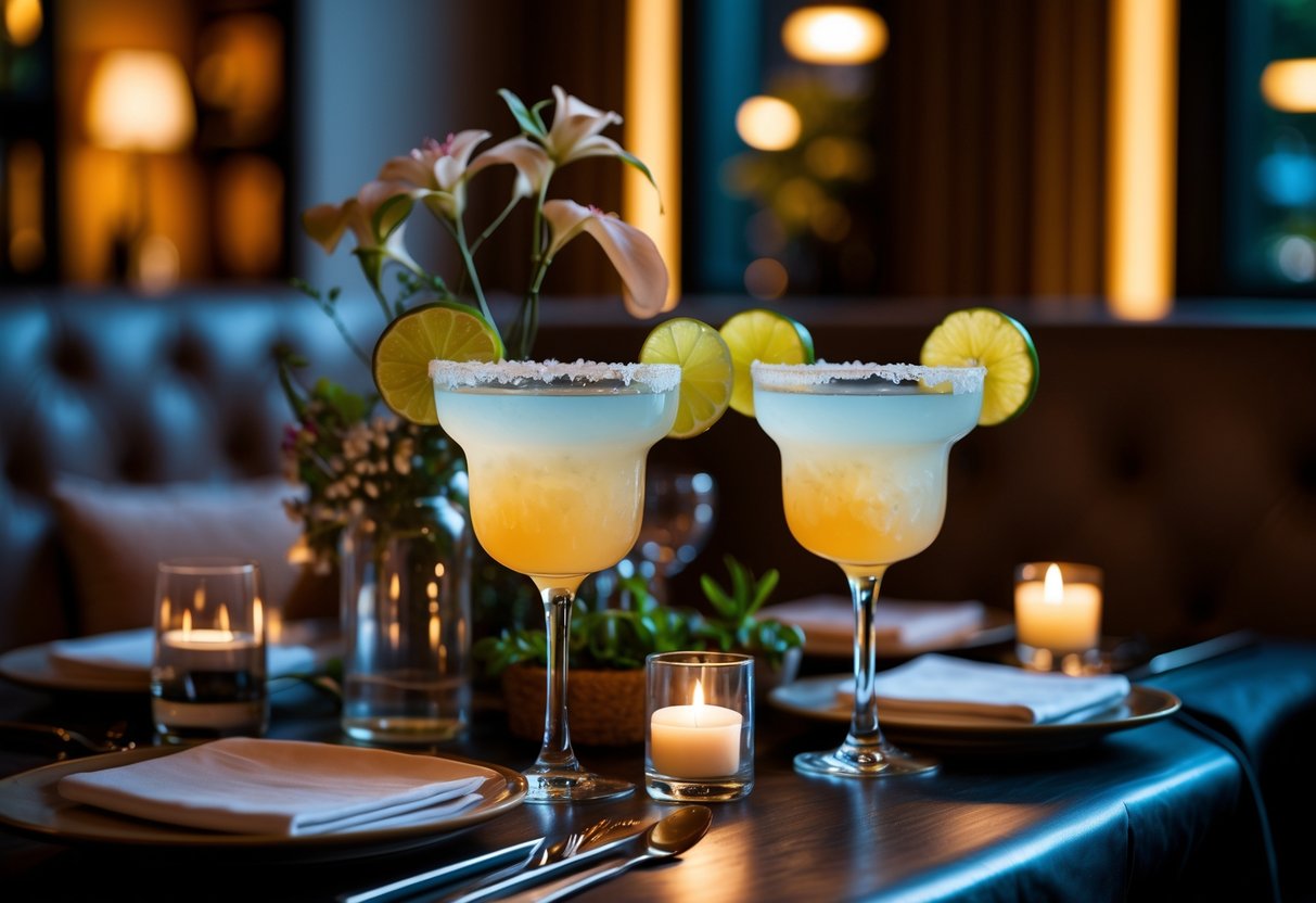A dinner table set for two with mezcal margarita cocktails in a warm, inviting restaurant interior.