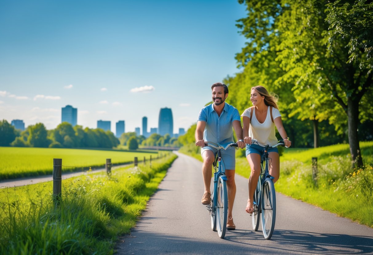 A couple riding bicycles on a scenic path surrounded by greenery with a city skyline in the distance.
