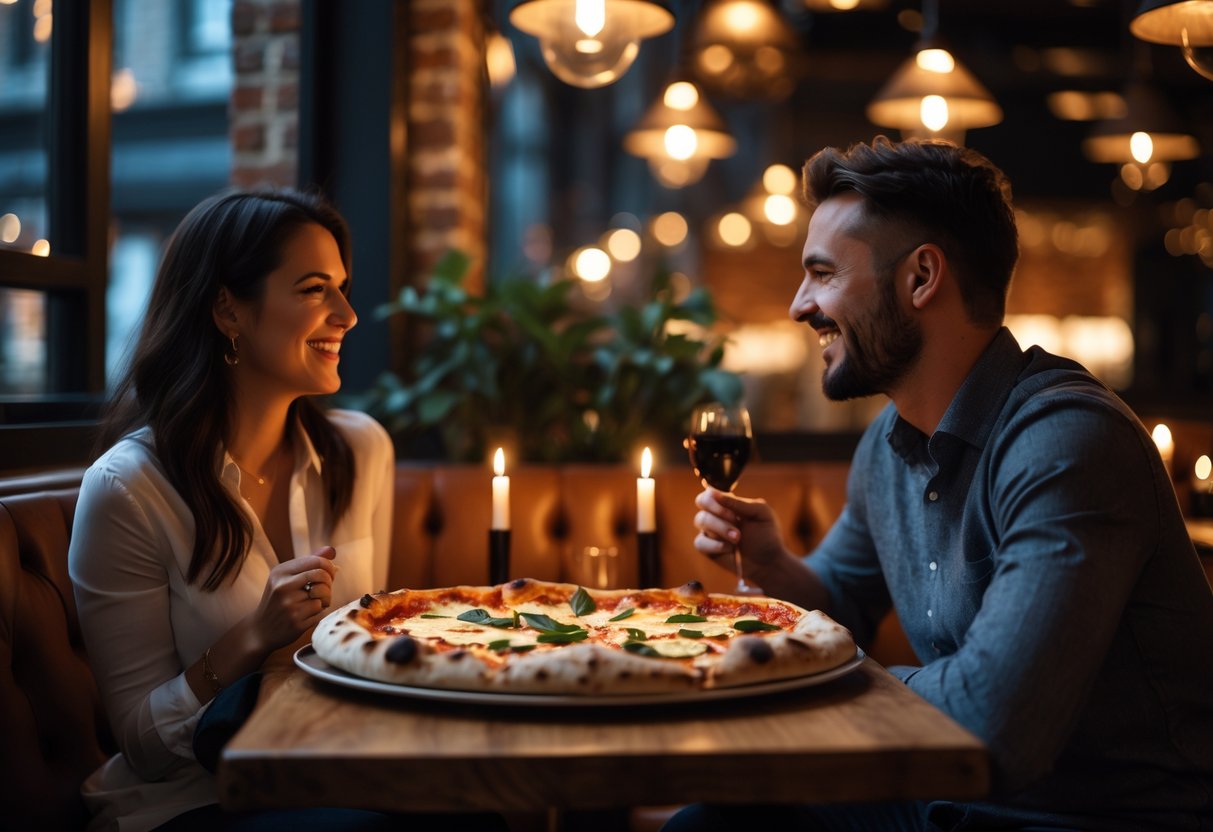 A couple enjoying a romantic pizza dinner together at a cozy restaurant table.
