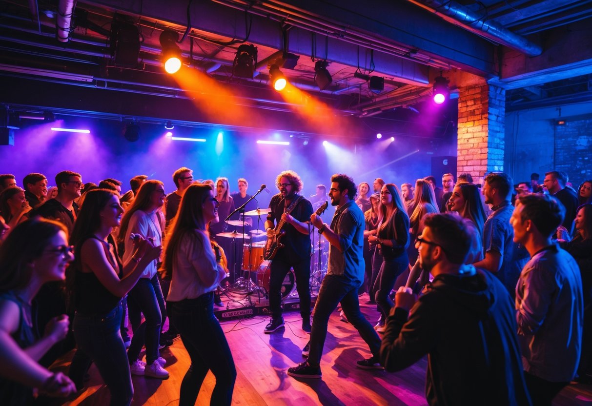 A crowd enjoying a live music performance inside a modern venue with colorful stage lights and a band playing on stage.