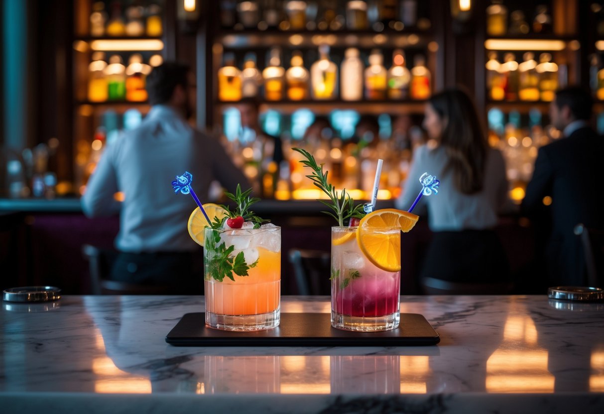 Two colorful cocktails on a marble bar counter inside a stylish bar with warm lighting and blurred people in the background.