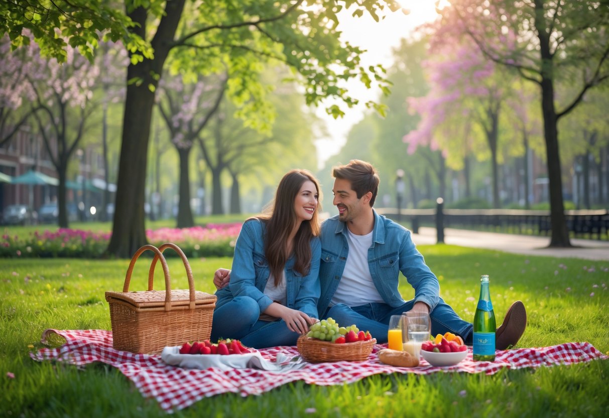Young couple enjoying a picnic on a blanket in a green park surrounded by trees and flowers.