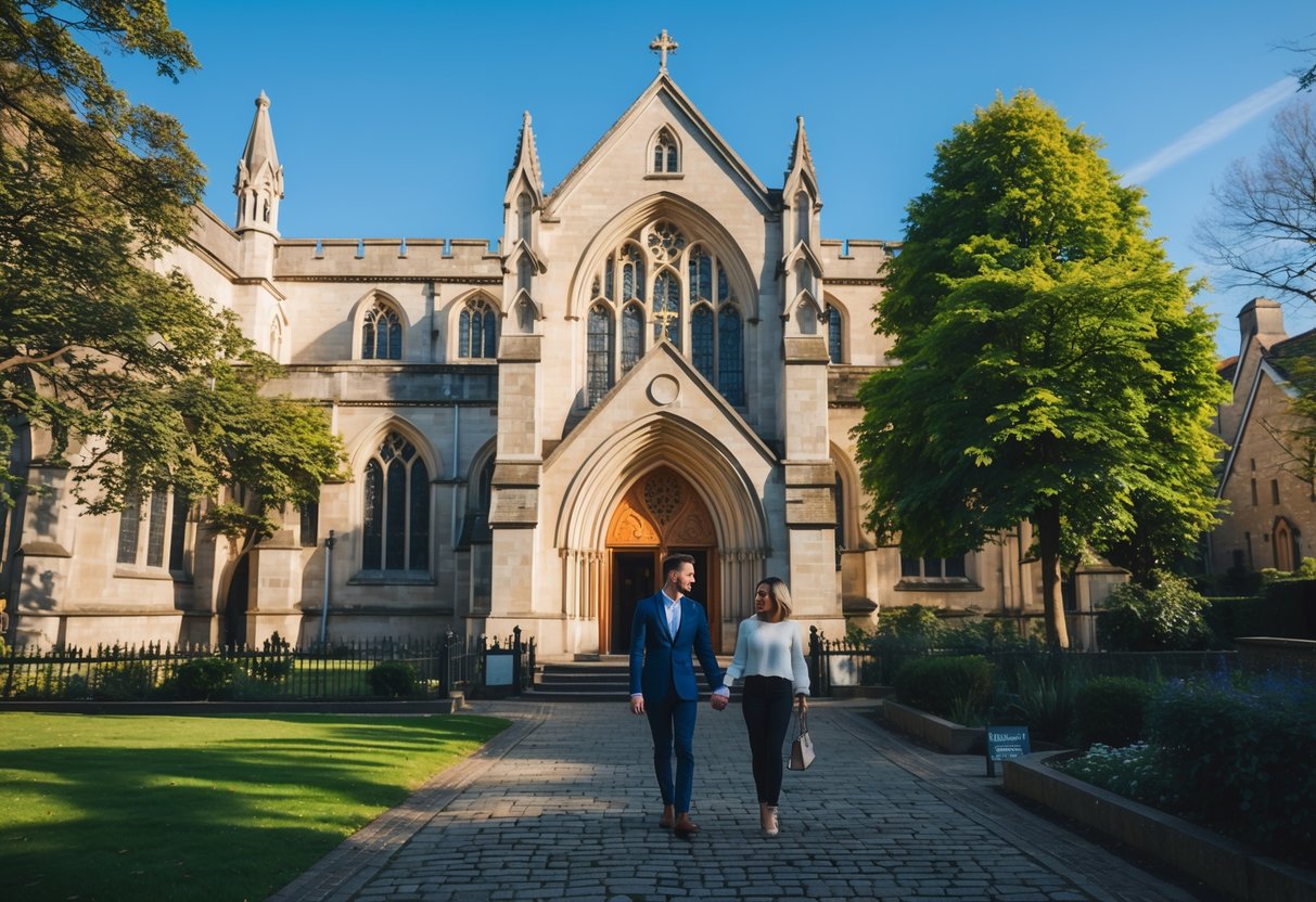 A young couple walking hand in hand near the historic St. Etheldreda’s Church in Holborn on a sunny day.
