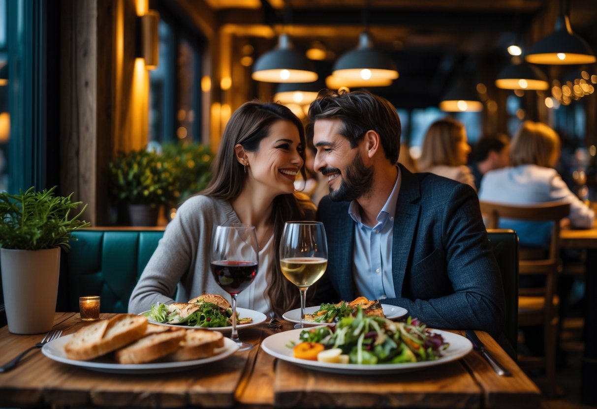 A couple enjoying dinner and drinks together at a cozy restaurant table.